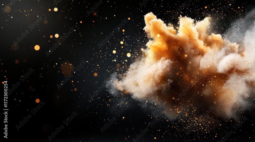 Poster a vibrant explosion of orange dust and particles against a dark backdrop, creating a dynamic, artist