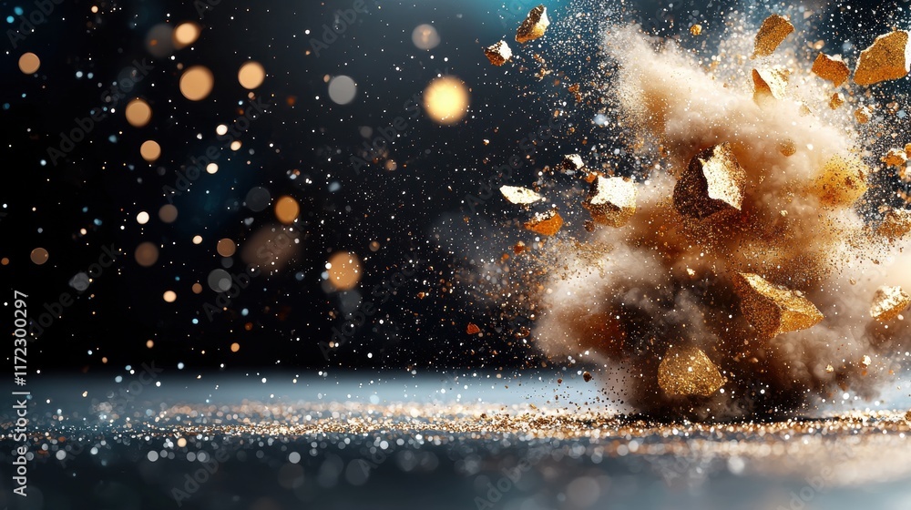 Poster a dramatic explosion of dust and particles, creating a visually stunning effect with sparkling light