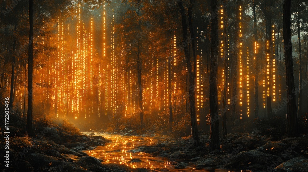 Poster mystical forest with glowing vertical lights and a calm stream
