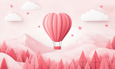 Fototapeta premium A hot air balloon shaped like a heart floats above a pink forest with scattered red balloons and clouds, perfect for whimsical Valentine's themes.