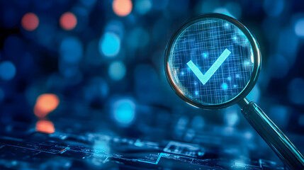 Magnifying glass overcheckmark symbol on digital background representing verification, success, and technology in modern computing