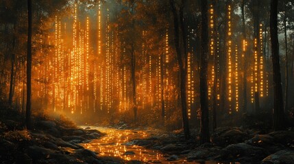 Fototapeta premium Mystical forest with glowing vertical lights and a calm stream