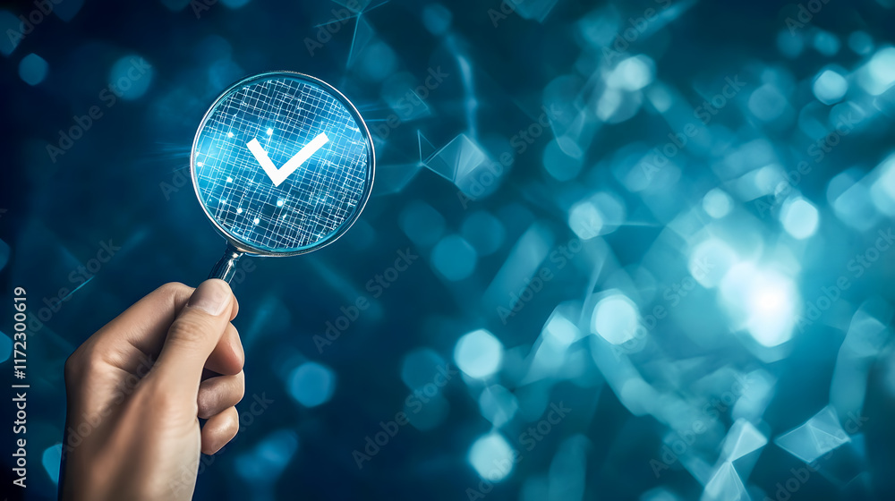 Poster hand holding magnifying glass showing digital check mark symbol on abstract blue background with bok