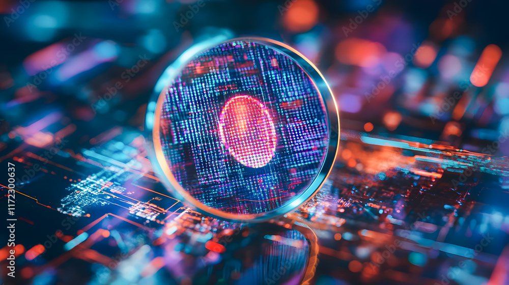 Poster colorful abstract digital fingerprint and circuit pattern visual representation on a technology back