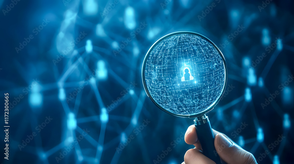 Poster digital magnifying glass revealing a secure connection in a network of data nodes and cybersecurity 