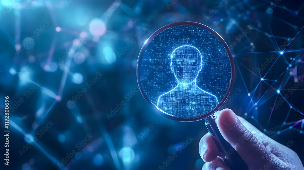 Aufkleber exploring digital identity through magnifying glass focused on abstract human figure in futuristic n