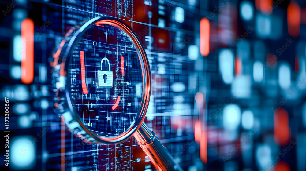 Poster close-up of magnifying glass over digital data background featuring lock symbol representing cyberse