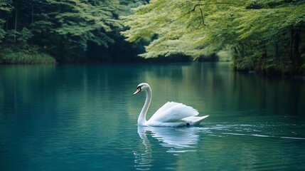 Fototapeta premium Graceful white swan swimming in serene teal lake, lush green foliage backdrop.