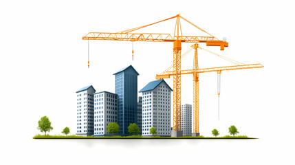 Obraz premium Construction site with cranes building modern city skyline, green space; perfect for real estate, architecture, and urban development projects.