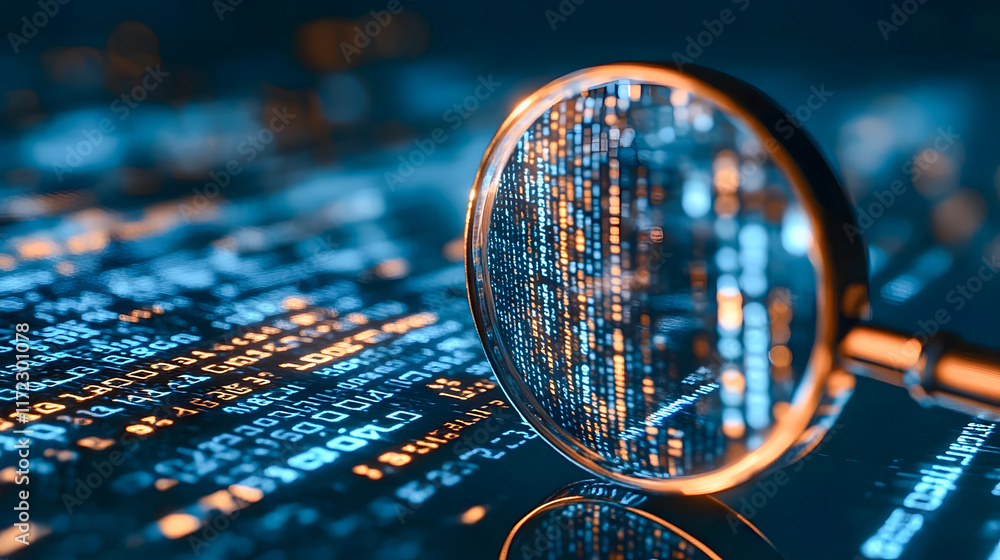 Aufkleber magnifying glass over data matrix illuminates digital information and technology concepts with blue 