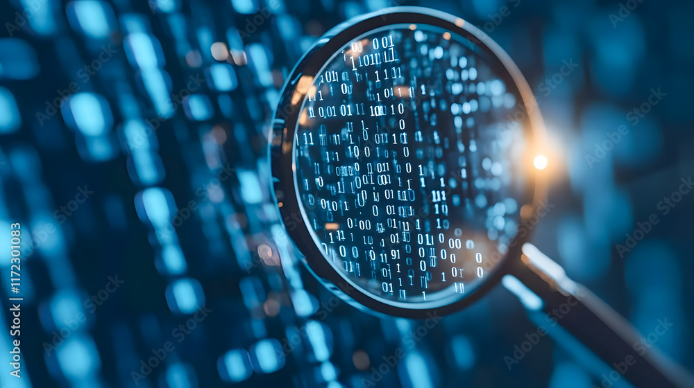 Poster close-up view of magnifying glass focused on binary code with bright glow and blurred background for