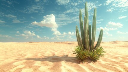 Cactus growing in sandy desert with cloudy sky.