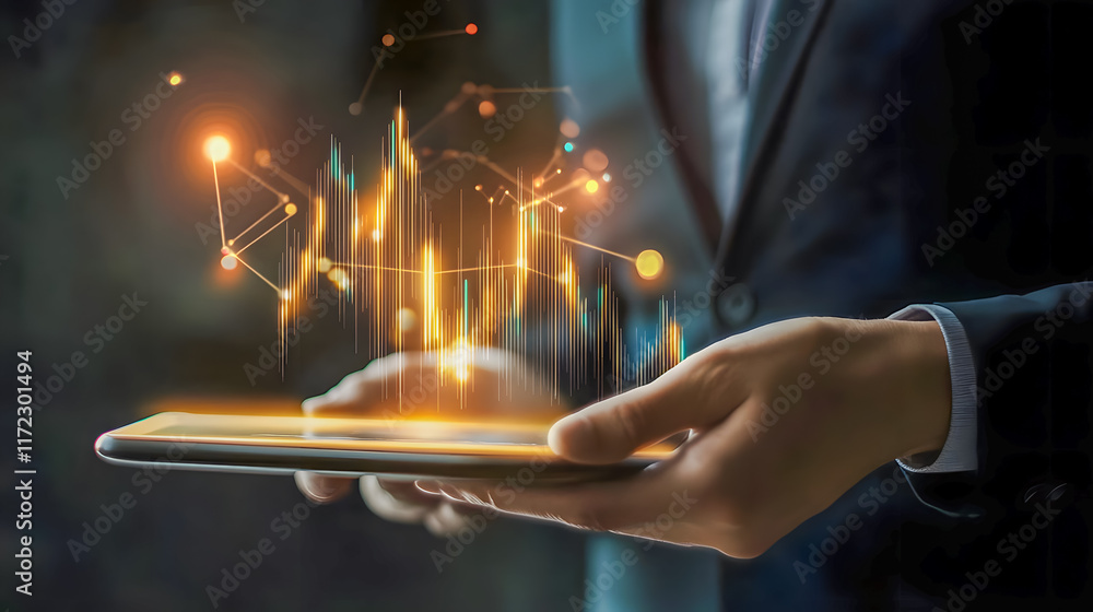 Poster professional man in suit holding tablet displaying abstract financial data and growth chart with glo
