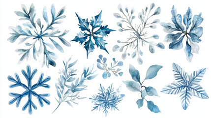 Hand painted watercolor collection of blue leaves and snowflakes