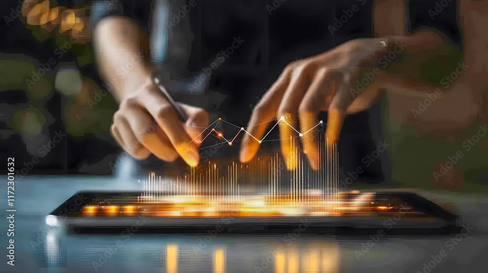 Poster hands engaging with digital charts and data analysis on a touchscreen tablet in a modern workspace e