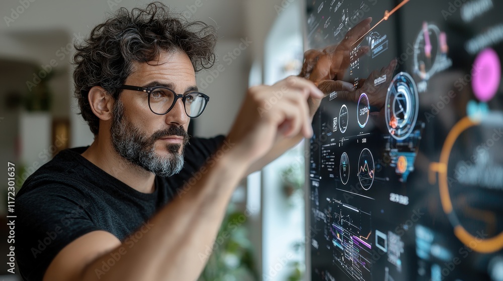 Aufkleber a man interacts with a digital interface, analyzing data visualizations and graphs in a modern works