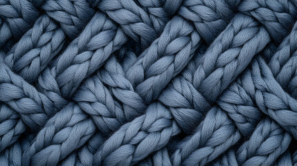 Close-up textured chunky knit wool fabric, blue weave pattern background, ideal for textile websites.