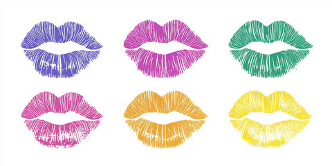 A collection of vibrant lip prints in various shades, arranged against a clean white background. This playful and romantic design celebrates Valentine's Day with a bold and expressive touch.