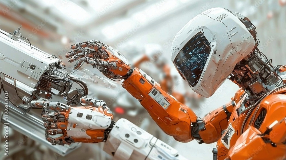 Poster a futuristic robot interacts with machinery, showcasing advanced technology and intricate design in 