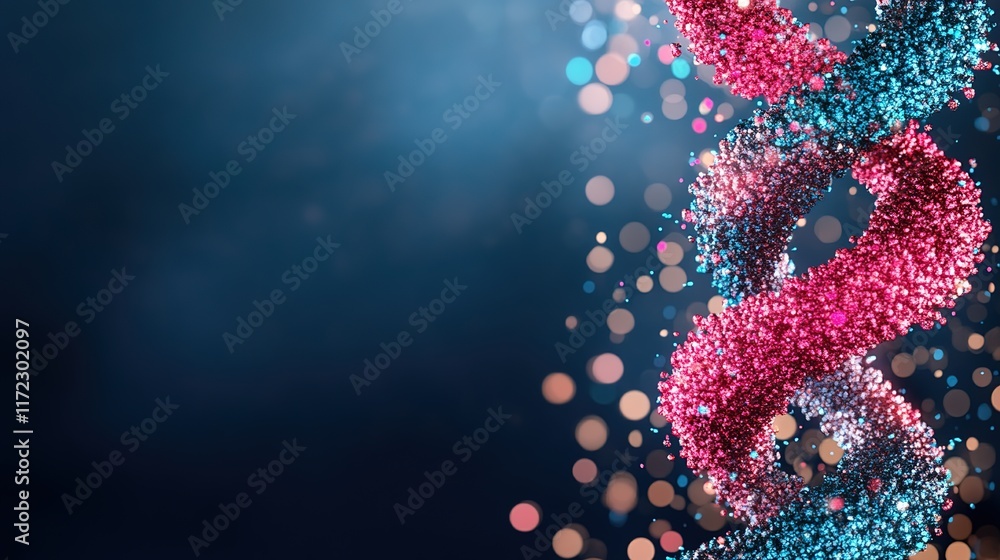Poster colorful 3d helix shape with gleaming particles on dark background