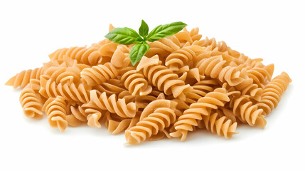 Whole wheat rotini pasta pile with basil garnish, isolated on white background; ideal for food blogs, recipe websites, and cookbook illustrations.