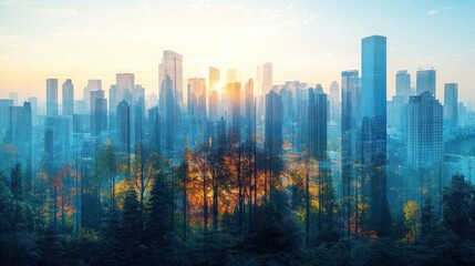 Fototapeta premium City skyline at sunrise with trees in the foreground blending nature and urban life