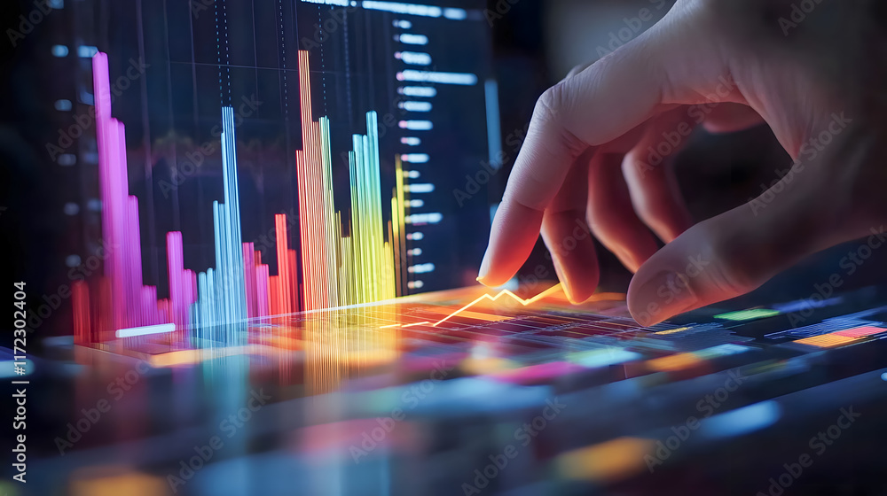 Poster hand interacting with colorful digital chart on laptop screen, representing financial data and analy