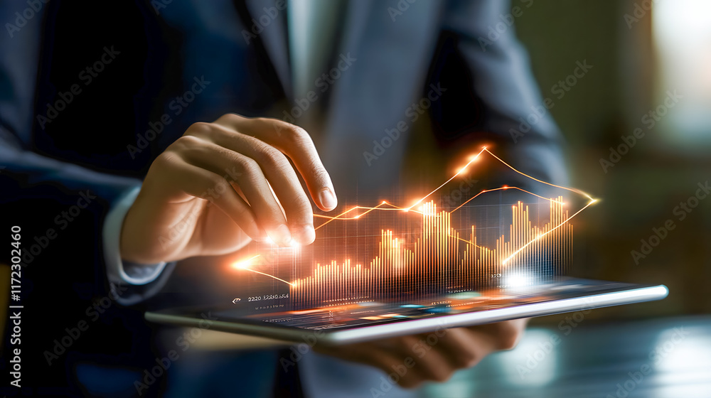 Aufkleber businessman analyzing financial data with interactive graphs and charts on digital tablet in modern 