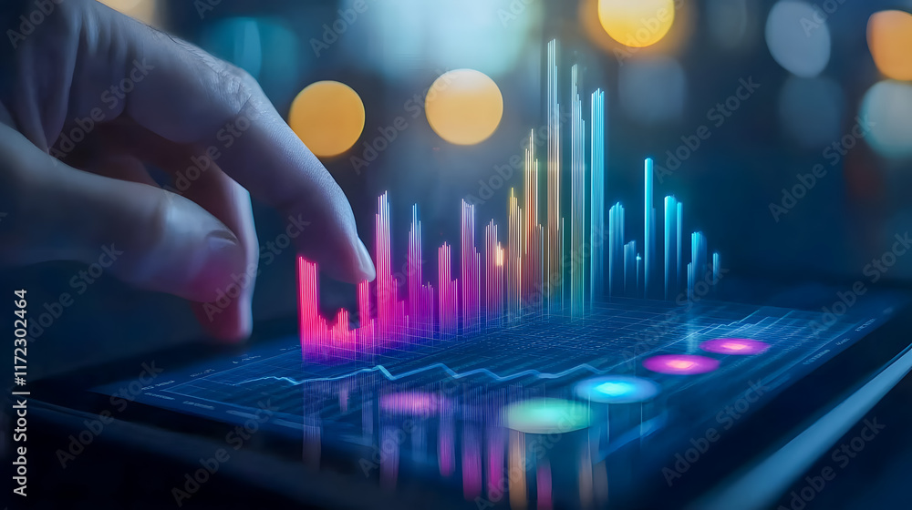 Poster digital hand interaction with colorful data visualization on tablet screen in evening ambient light 