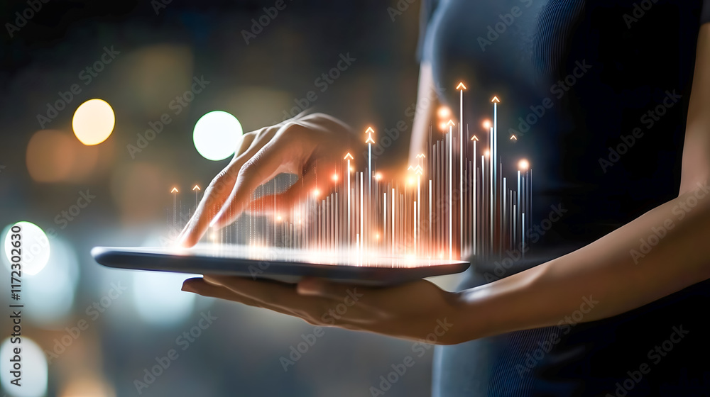 Poster woman using tablet with digital graphs and data visualizations in background representing technology