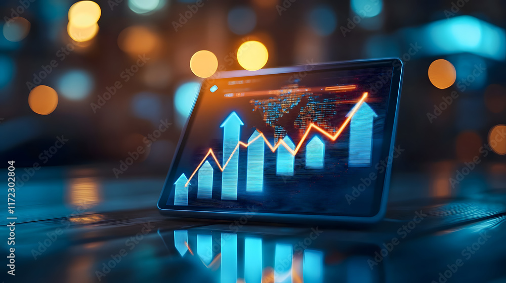 Poster digital tablet displaying financial growth chart with colorful graphs and bokeh background for busin
