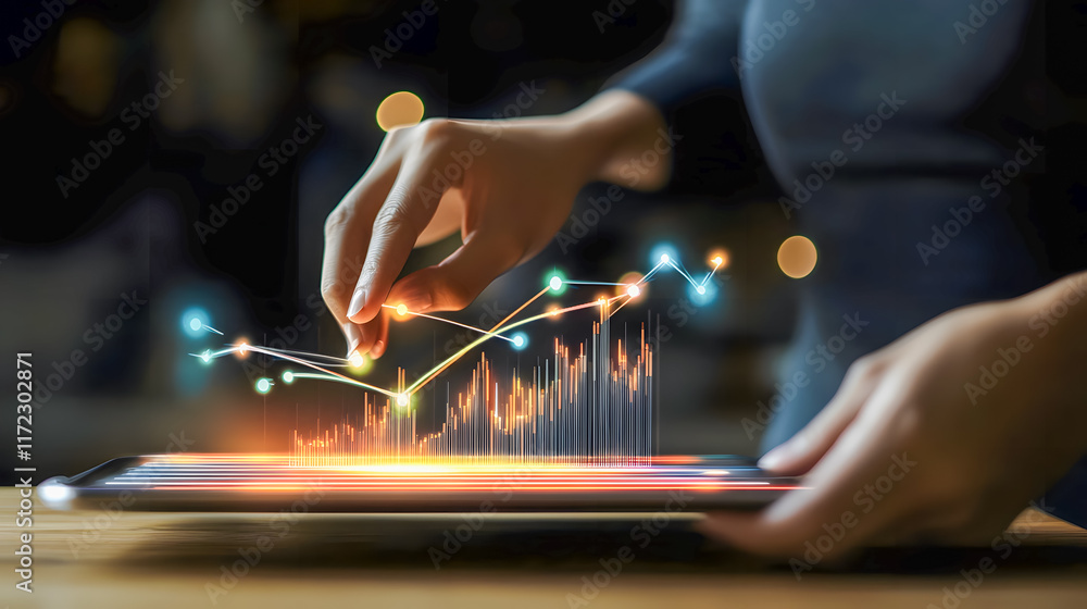 Poster advanced data analysis with hand touching digital graph on tablet in modern workspace environment du