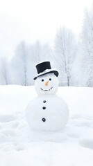 Naklejka premium Frosty snowman in snowy landscape, winter scene, festive holiday card.