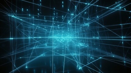Obraz premium Abstract glowing cyan lines and points forming a complex network in 3D space.