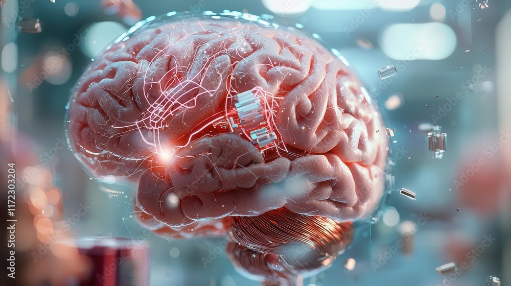 Poster a digitally rendered brain with glowing circuits, symbolizing the fusion of neuroscience and technol
