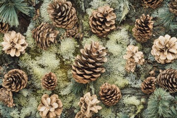 Pine cones and moss textured background.