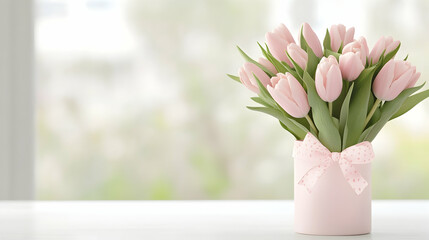 Pink tulips bouquet in gift box on table, bright window background, spring flowers, perfect for greeting cards.