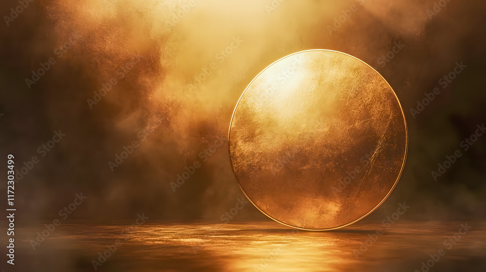 Poster golden sphere in mystical atmosphere with soft light and clouds, abstract background for creative pr