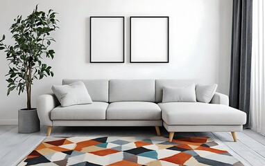 Modern living room interior design, sectional sofa, geometric rug, blank frames.