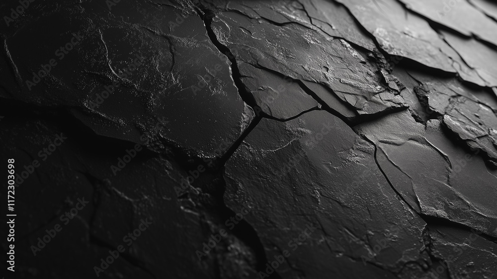 Poster dark and textured: a close-up shot of a rough and rugged dark slate surface. the deep, dark tones an