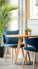 Modern cafe interior, round wooden table, blue chairs, potted plants, bright window. Ideal for restaurant, cafe, or home decor websites.