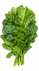 Fresh green leafy vegetables bunch, healthy food,  studio shot, white background, cooking ingredient.