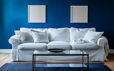 White sofa, blue wall, modern living room, interior design, home decor.