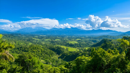 Fototapeta premium Panoramic view of lush green valley and distant mountains under a vibrant blue sky; ideal for travel brochures or nature documentaries.