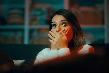 Woman Covering Her Mouth Being Silent on taboo Subjects. Fearful anxious girl being astonished and...