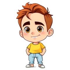 Obraz premium Adorable Cartoon Boy with Brown Hair, Yellow Shirt and Light Blue Jeans Standing with Hands in Pockets