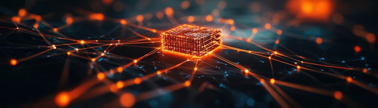 A vibrant digital network with a glowing cube at its center, representing technology, connectivity, and data flow in a futuristic landscape.