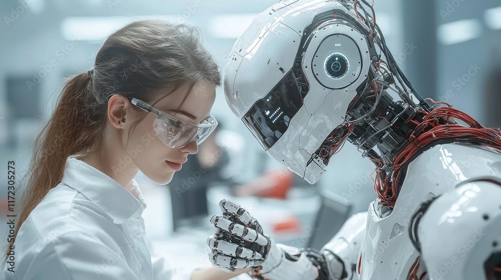 Aufkleber a scientist interacts attentively with a humanoid robot in a futuristic lab setting, showcasing the 