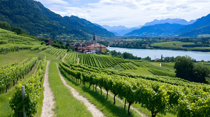 Fototapeta premium Vineyards, village, lake, mountains, summer landscape, idyllic scenery, tourism, travel brochure.