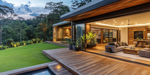Fototapeta premium Modern wooden terrace with sliding glass doors overlooking the lawn and garden, generative AI